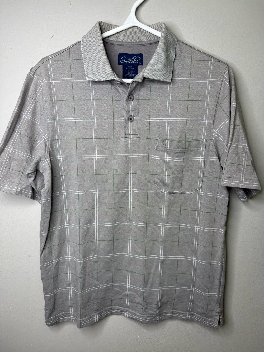 Arnold Palmer Gray Plaid Short-Sleeve Golf Polo Shirt w White & Green Small